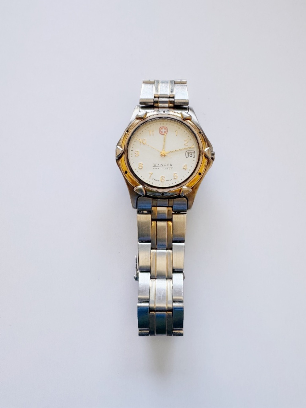 Vintage Wenger Swiss Army Watch Two Tone Gold Steel Date 35mm Fits 7.5 Inch